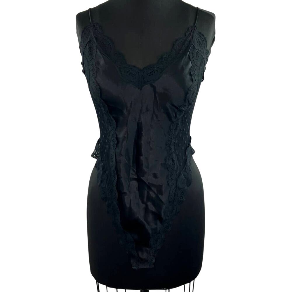 VTG Fantasies Morgan Taylor Black Teddy Satin Lace Dot Lingerie Bodysuit USA